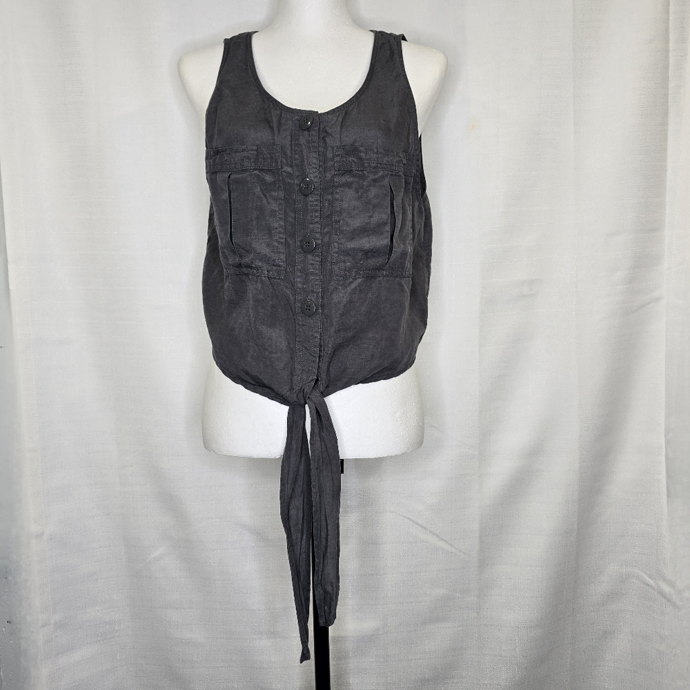 Altar'd State Linen Blend Tank Top Size Medium Gray Cropped‎ Tie Waist Button